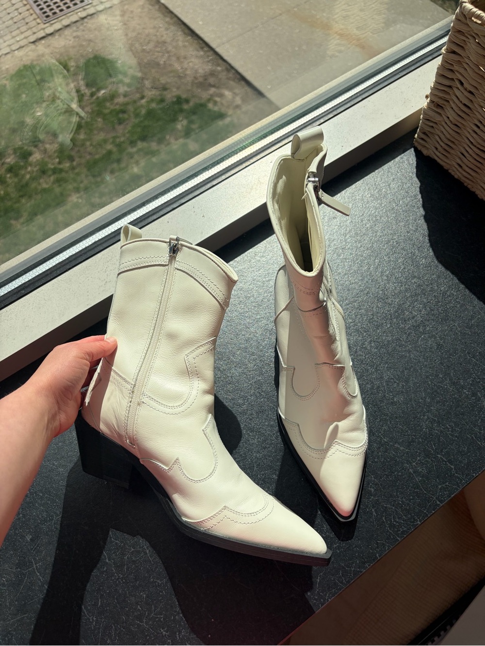 Cream Pointed-Toe Western Ankle Boots with Block Heel